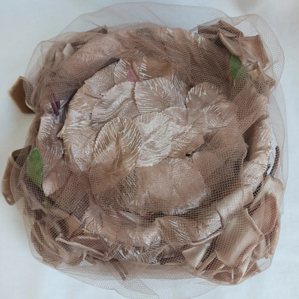 Vintage Hat Taupe Roses Velvet Bow Tulle Metal Band Small